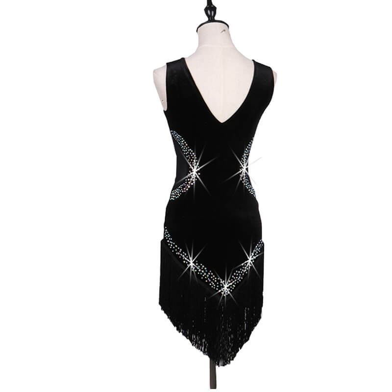 Asymmetric Latin Dress with Tassels-Black