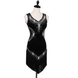 Asymmetric Latin Dress with Tassels-Black