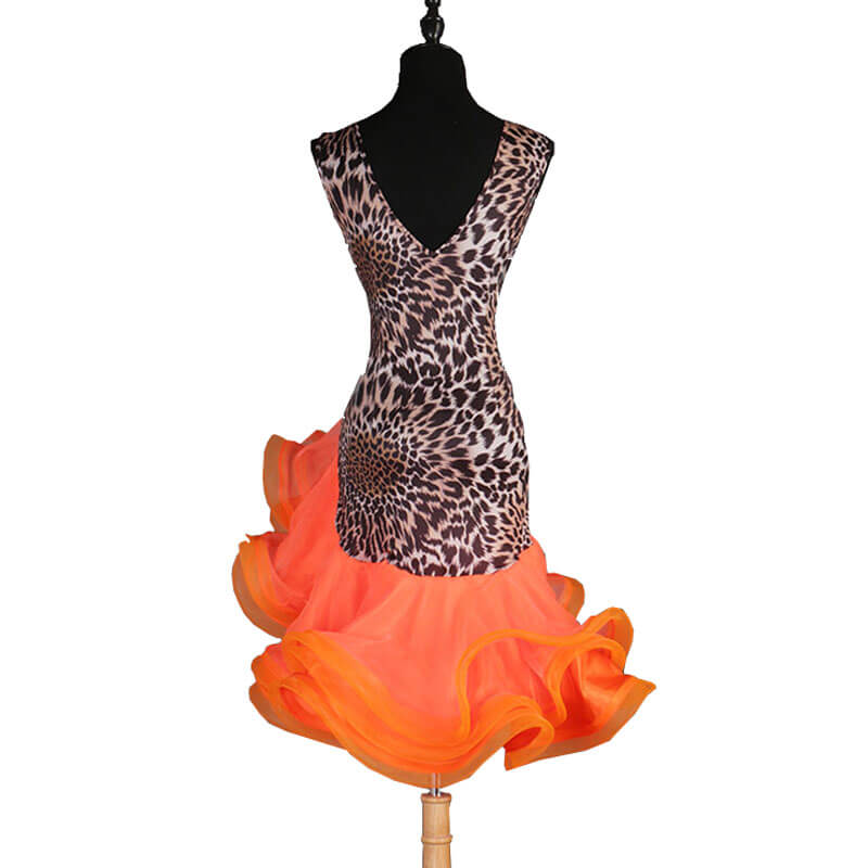 Asymmetric Leopard V Neck Latin Dance Dress-Orange