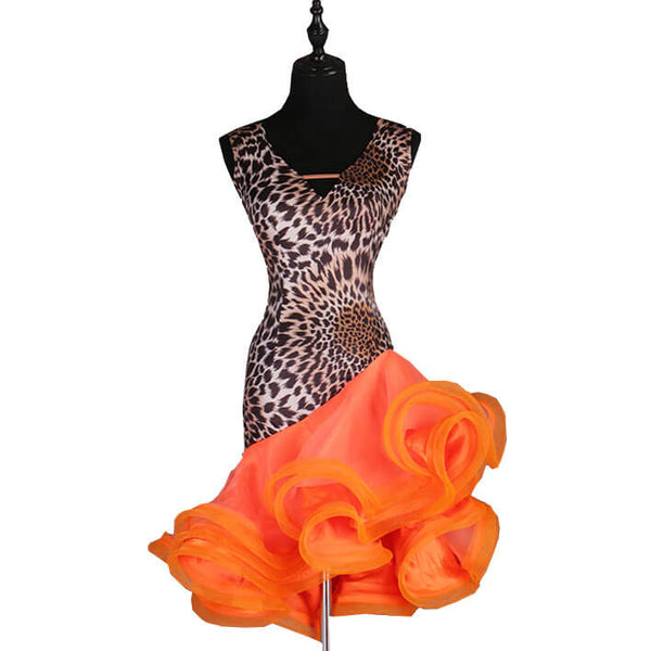 Asymmetric Leopard V Neck Latin Dance Dress-Orange