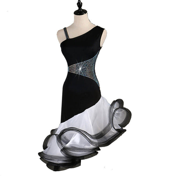 Asymmetric Rhinestone Latin Dance Dress-Black