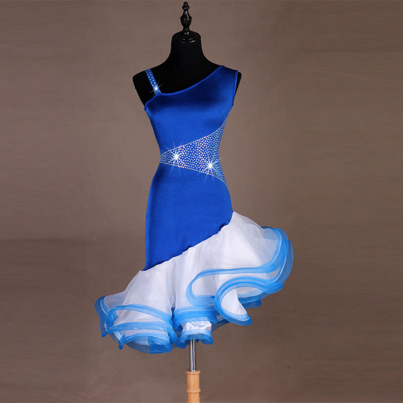 Asymmetric Rhinestone Latin Dance Dress -Blue