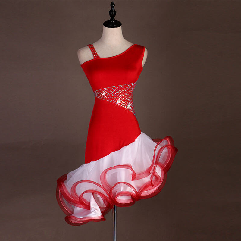 Asymmetric Rhinestone Latin Dance Dress -Red