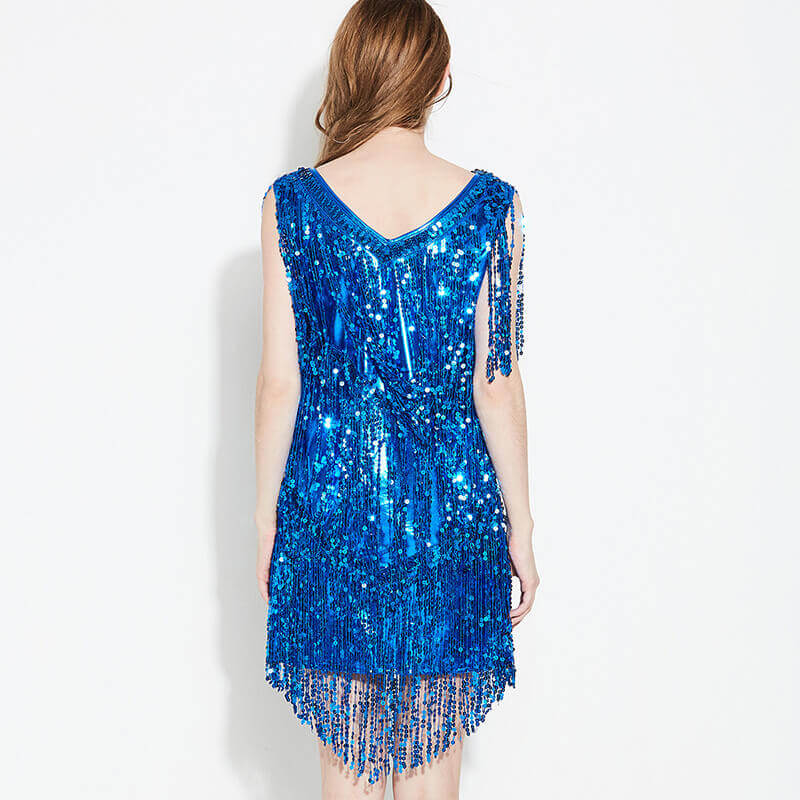 Asymmetric Sequined Latin Dress with Tassels