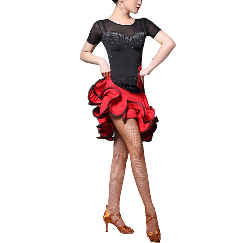 Womens Asymmetric Boat Neck Short Sleeve Latin Dress with Layered – DANCEYM