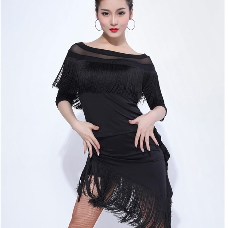 Boat Neck Knee-Length Latin Dress with Tassels