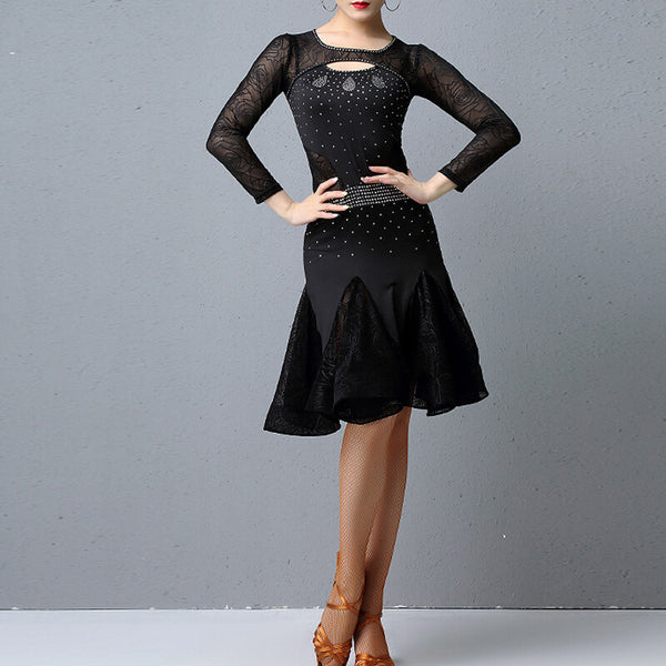 Boat Neck Long Sleeve Latin Dress with Embroidery