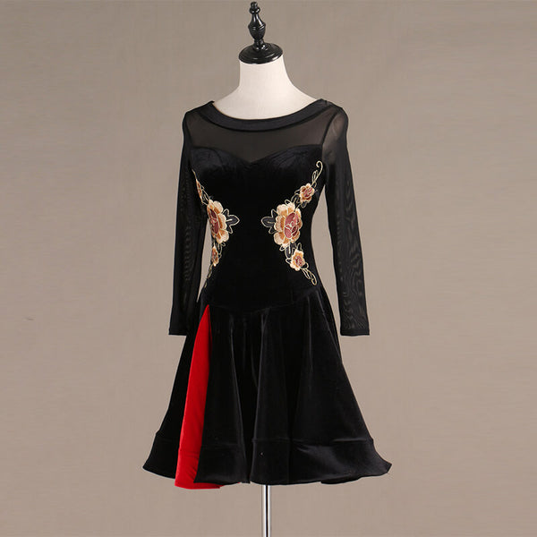 Boat Neck Long Sleeve Latin Dress with Flowers