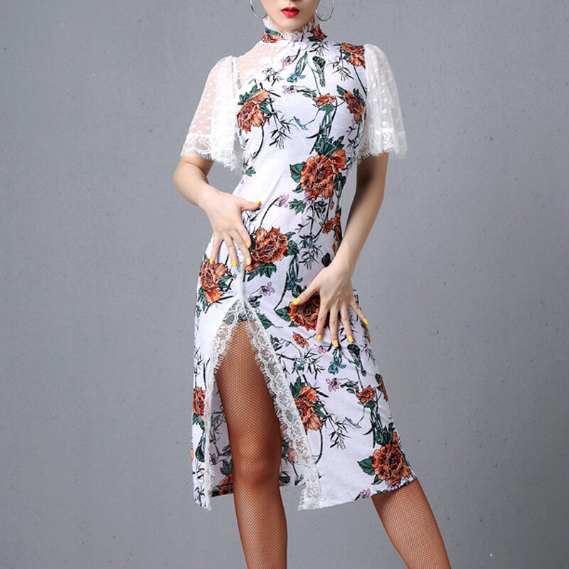 Bodycon Calf-Length Latin Dress with Mesh