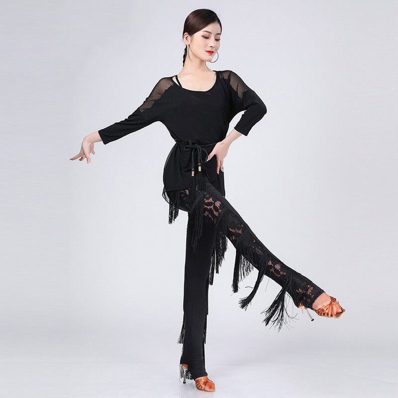 Crew Neck Lace Latin Outfits with Tassels (Top+Pants)