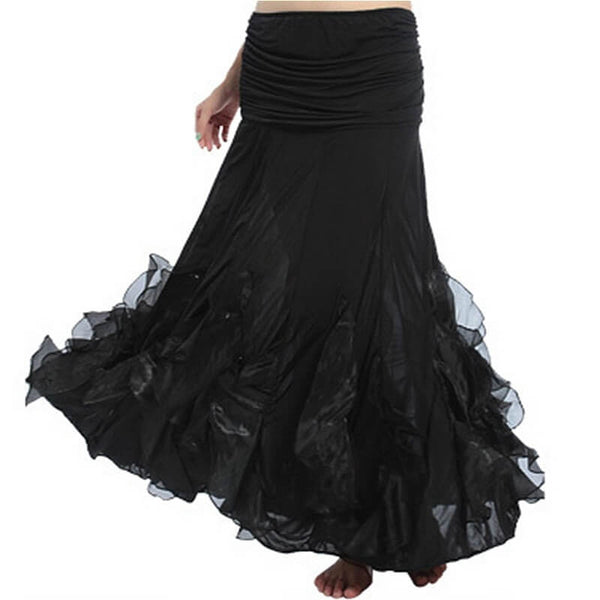 Draped Maxi Ballroom Skirt with Ruffles-Black