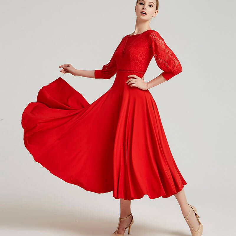 Womens Flared Long Boat Neck 3/4 Length Sleeve Ballroom Dress – DANCEYM