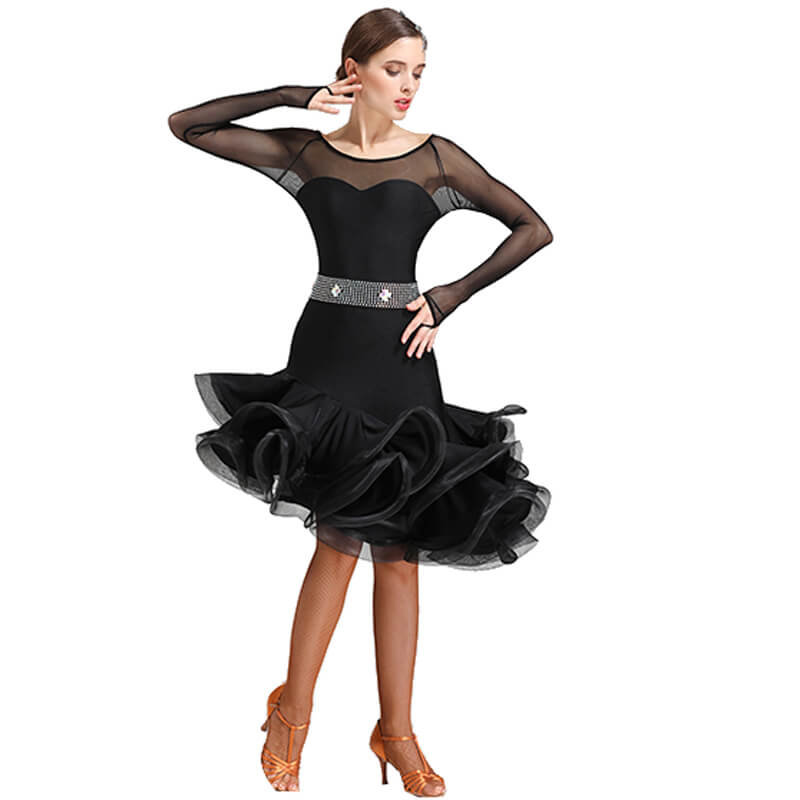 Womens Flared Knee-Length Round Neck Long Sleeve Latin Dress DANCEYM Womens Flared Knee-Length Round Neck Long Sleeve Latin Dress DANCEYM