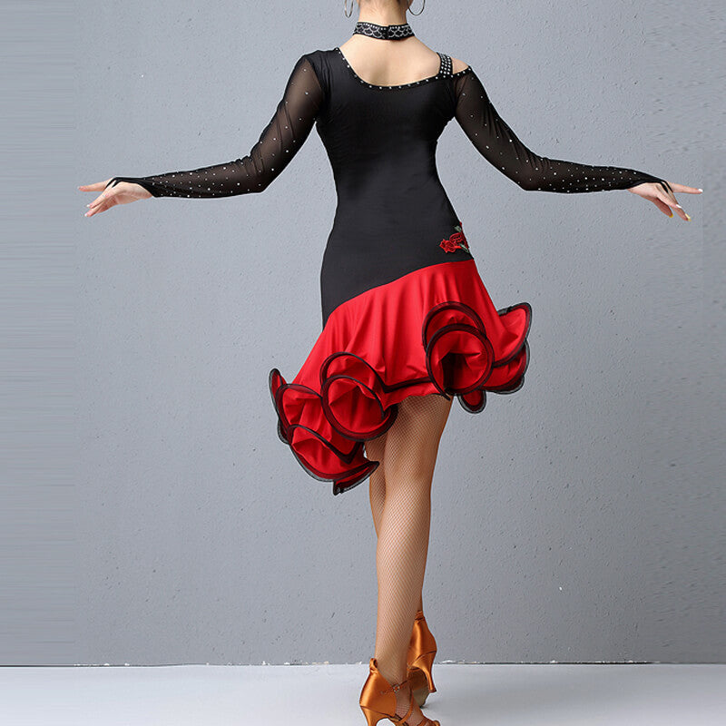 knee length dresses for ladies Women Latin Dance Dresses Ruffles Red Royal Blue Flowers Salsa Rumba C –  Moderndancedress.com main image 1