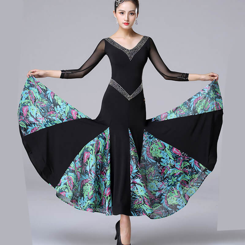 Floral Print Ballroom Dress with Rhinestones