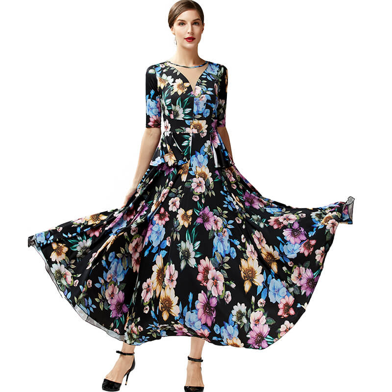 Floral Print Patchwork Half Sleeve Ballroom Dress