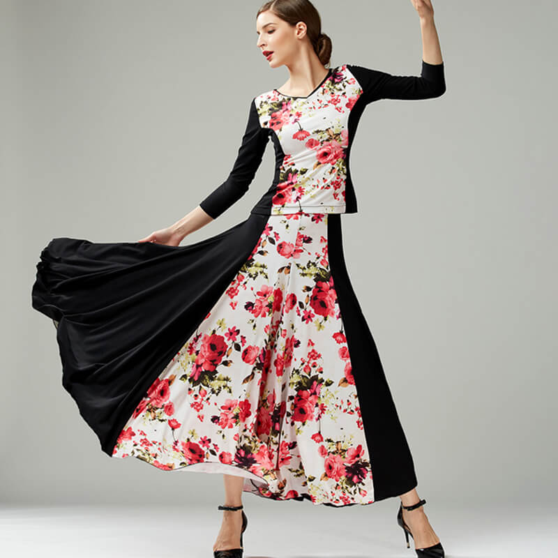 Flower Print Long Sleeve Ballroom Dress(Top+Skirt)