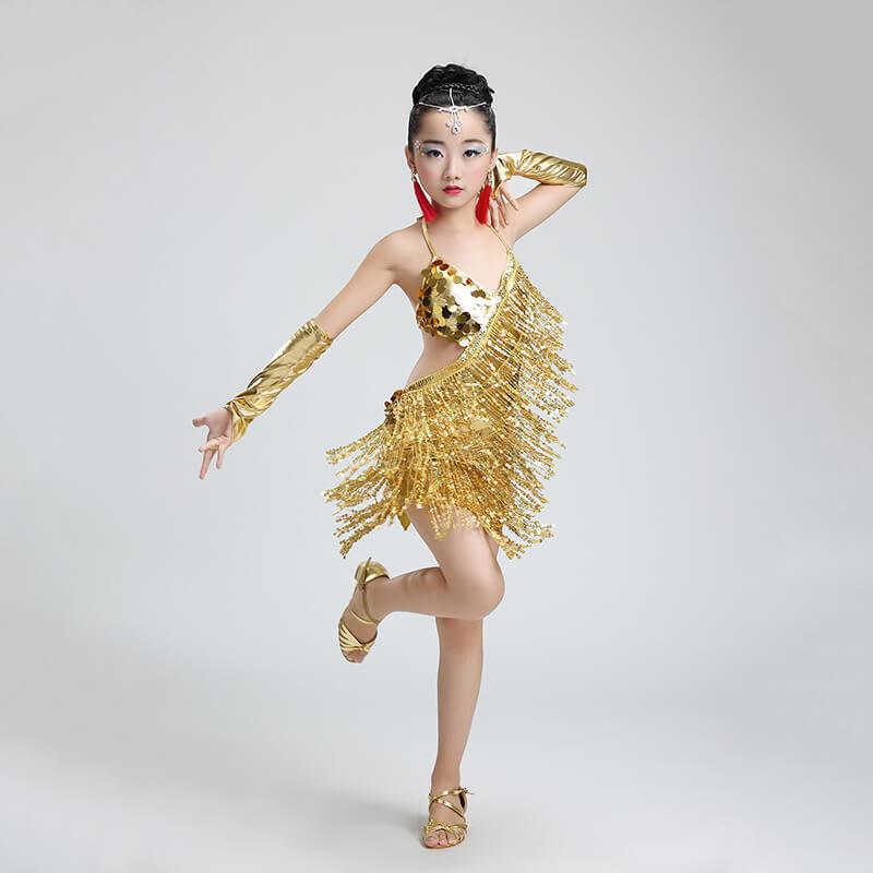 Girls Bodycon Short Collarless Sleeveless Latin Dress Sequins – DANCEYM