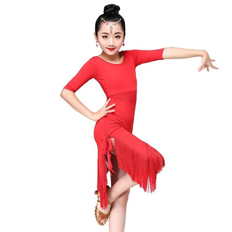 Girls Bodycon Knee-Length Boat Neck Half Sleeve Latin Dress Tassels DANCEYM Girls Bodycon Knee-Length Boat Neck Half Sleeve Latin Dress Tassels DANCEYM