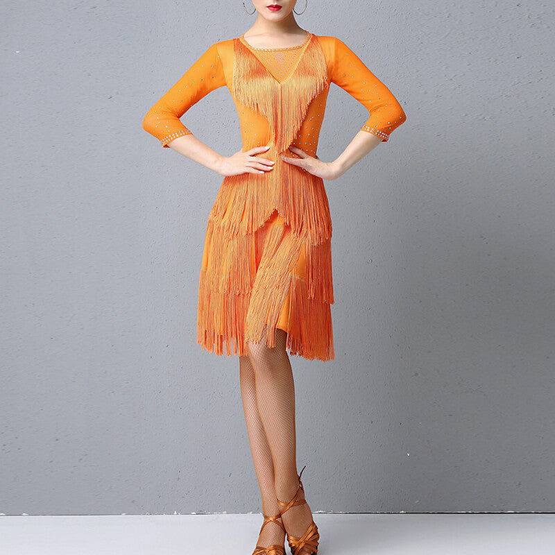 Womens Knee-Length Round Collar Half Sleeve Latin Dress with Tassels DANCEYM Womens Knee-Length Round Collar Half Sleeve Latin Dress with Tassels DANCEYM