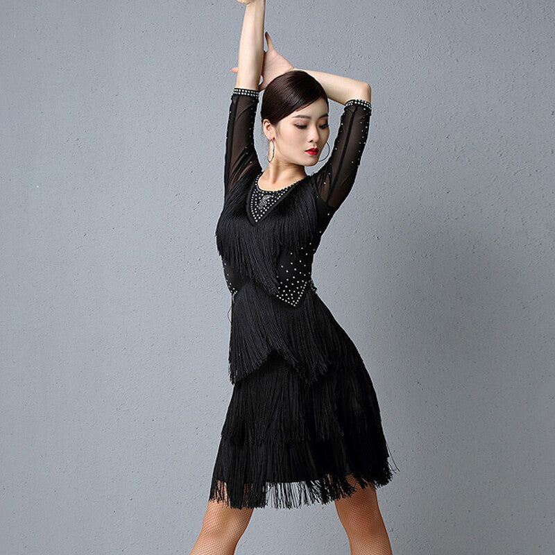 Womens Knee-Length Round Collar Half Sleeve Latin Dress with Tassels DANCEYM Womens Knee-Length Round Collar Half Sleeve Latin Dress with Tassels DANCEYM