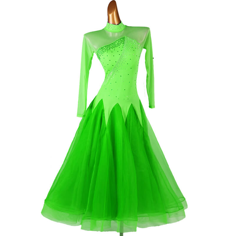Womens A-Line Long Jewelled Long Sleeve Ballroom Dress with Mesh  DANCEYM