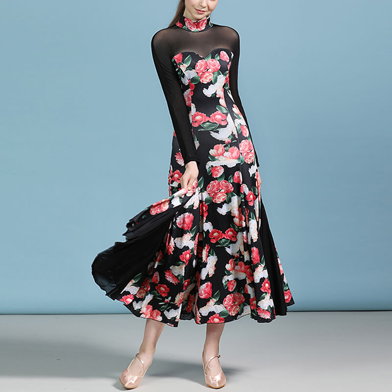 chinese dress ladies Retro Stage Vintage Elegant Floral Rose V-Neck Long Sleeves Dress Pink