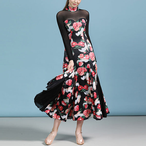 High Neck Long Sleeve Ballroom Dress with Flowers