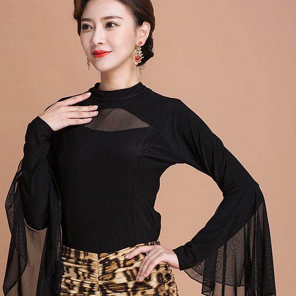 High Neck Puff Sleeve Latin/Ballroom Top with Fringing