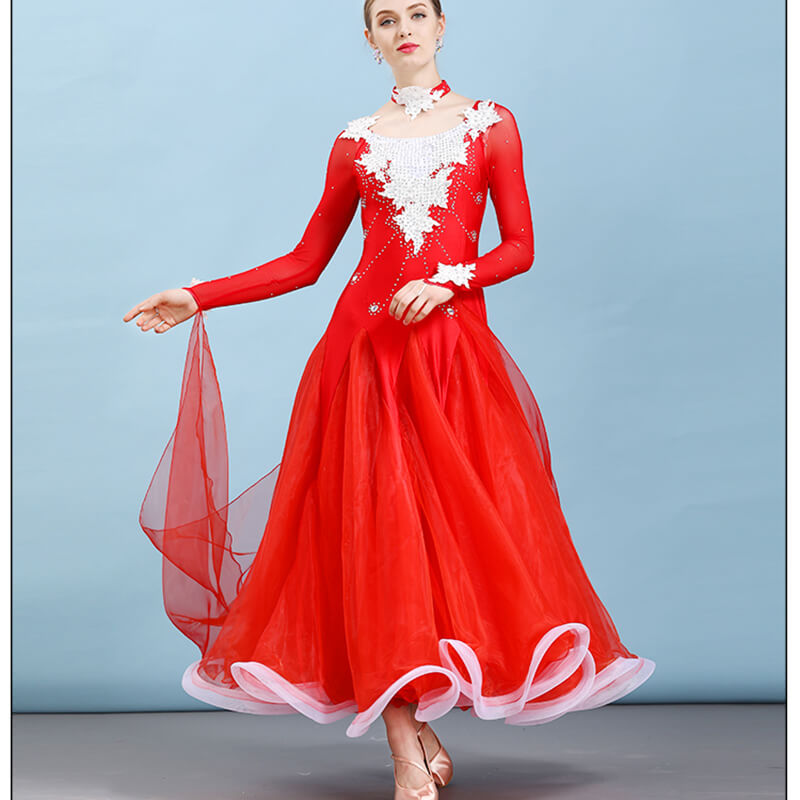 Jewelled Long Sleeve Ballroom Dress with Ribbons