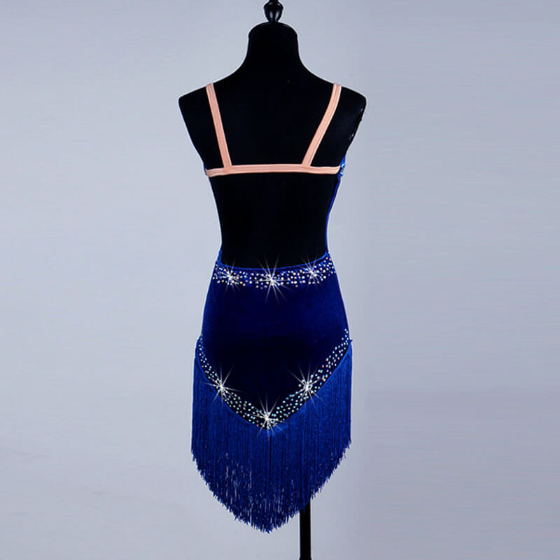Jewelled V Neck Latin Dance Dress-Blue