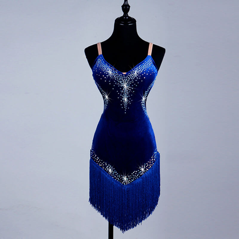 Jewelled V Neck Latin Dance Dress-Blue
