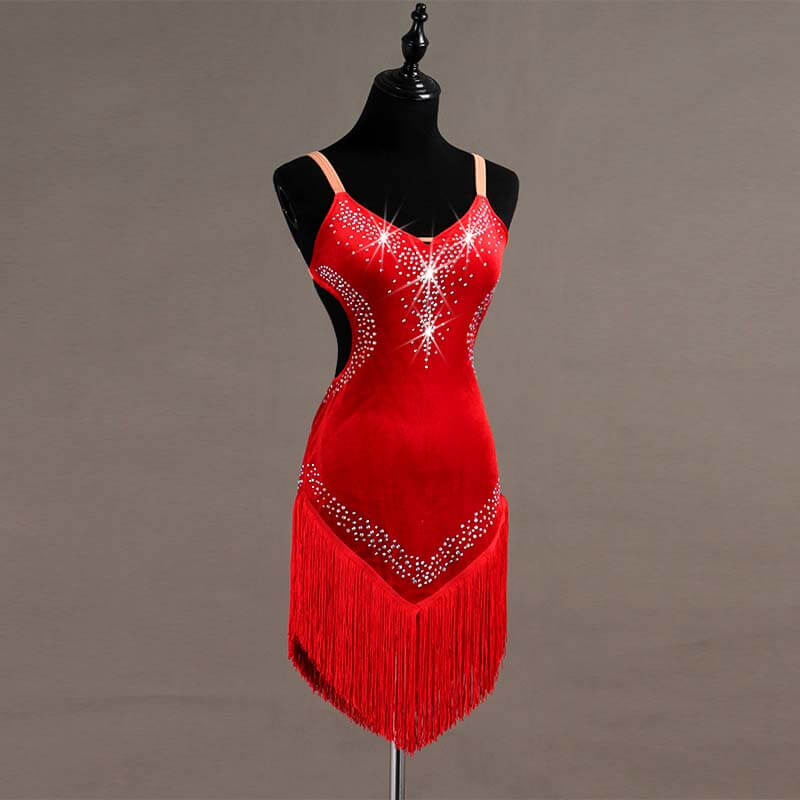 Jewelled V Neck Latin Dance Dress-Red