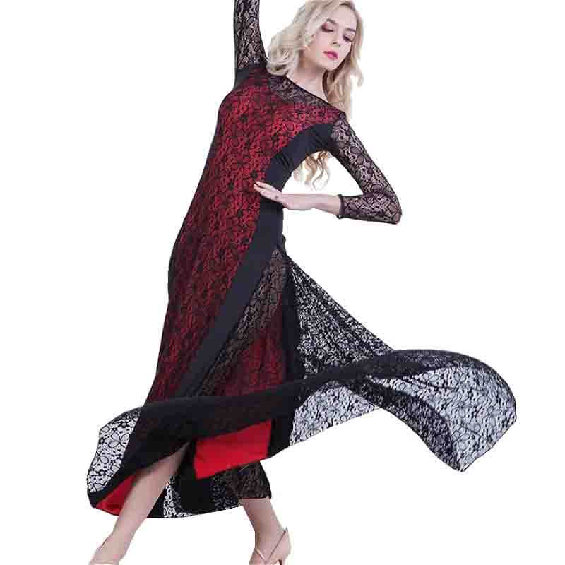 Womens Flared Calf-Length Boat Neck Lace Sleeve Ballroom Dress – DANCEYM