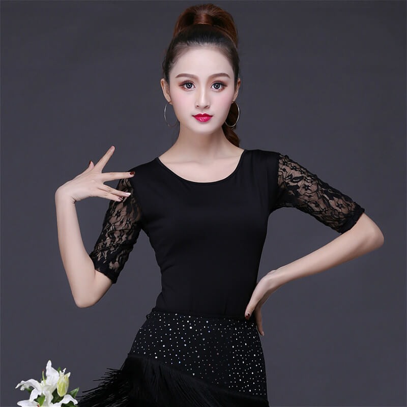 Round Neck Elbow Sleeve Latin Top with Lace