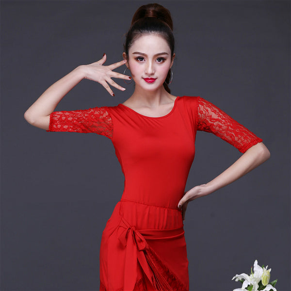 Round Neck Elbow Sleeve Latin Top with Lace