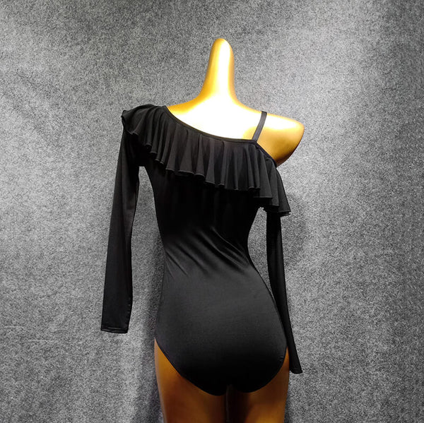 V Neck Long Sleeve Latin Leotard with Ruffles