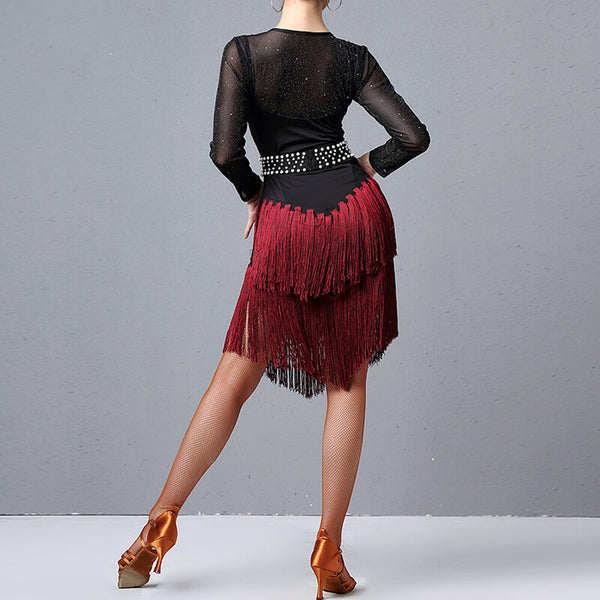 Long Sleeve Knee-Length Latin Dress with Tassels