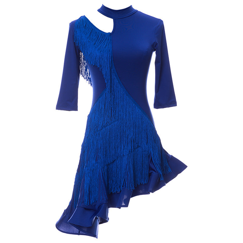 Asymmetric Half Sleeve Latin Dance Dress With Tassel