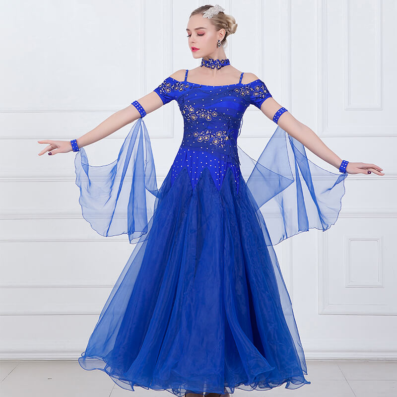 Womens Long Off Shoulder Short Sleeve Ballroom Dress with Mesh – DANCEYM