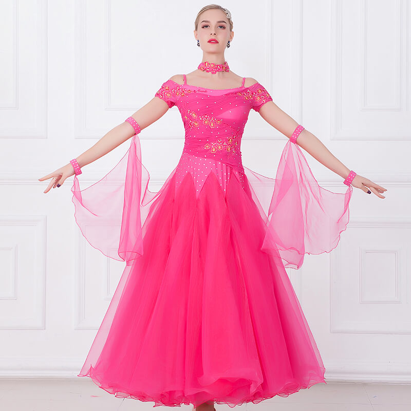 Womens Long Off Shoulder Short Sleeve Ballroom Dress with Mesh – DANCEYM