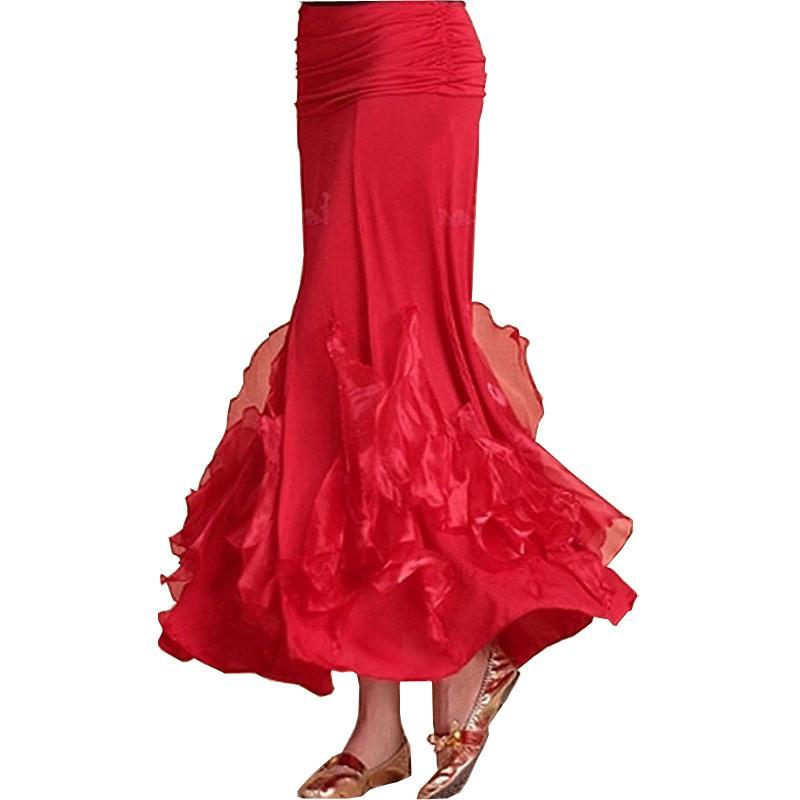 Draped Maxi Ballroom Skirt with Ruffles-Red