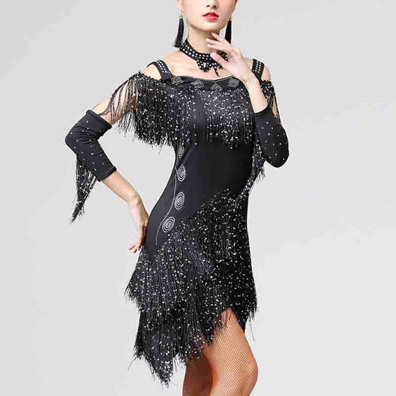 Sequin Diamond Tassel Latin Dance Dress