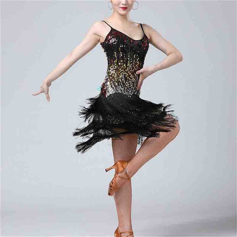 Womens A-Line Mini Spaghetti Strap Sleeveless Latin Dress with Tassels – DANCEYM