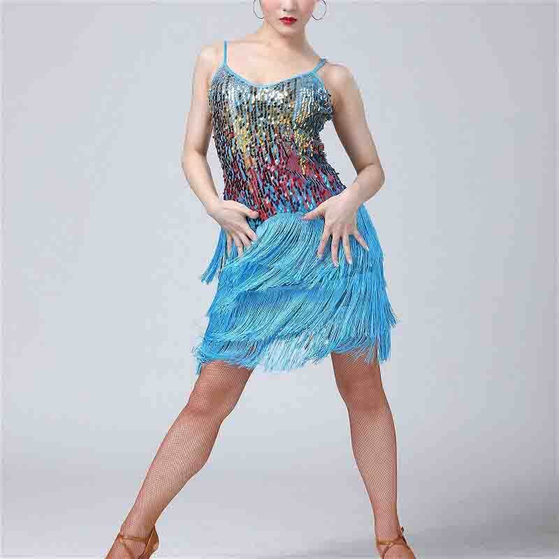 Womens A-Line Mini Spaghetti Strap Sleeveless Latin Dress with Tassels DANCEYM Womens A-Line Mini Spaghetti Strap Sleeveless Latin Dress with Tassels DANCEYM