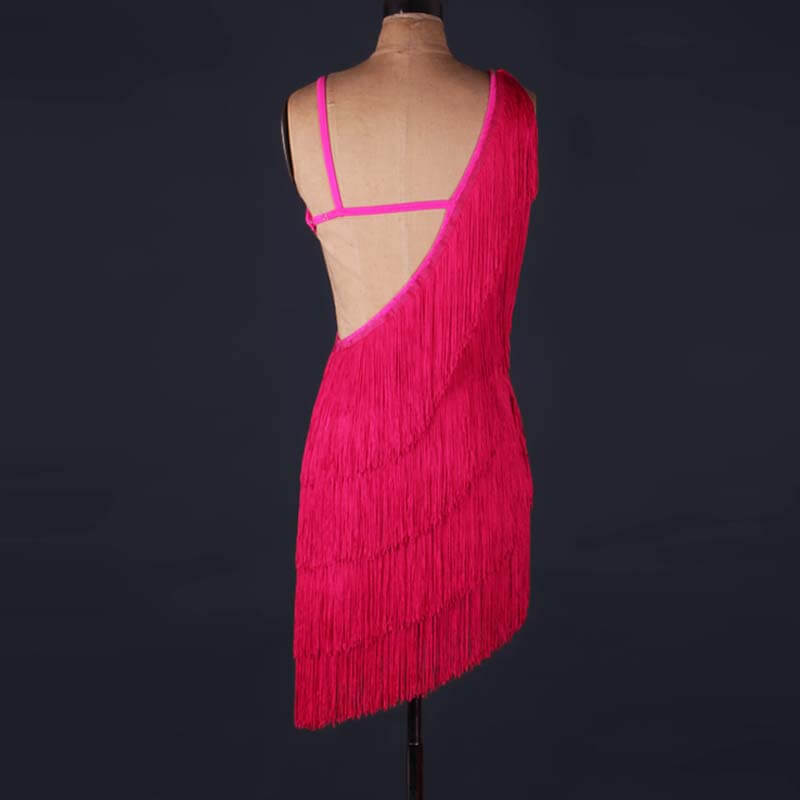 Sleeveless Knee-Length Latin Dress with Tassels-Rose Red