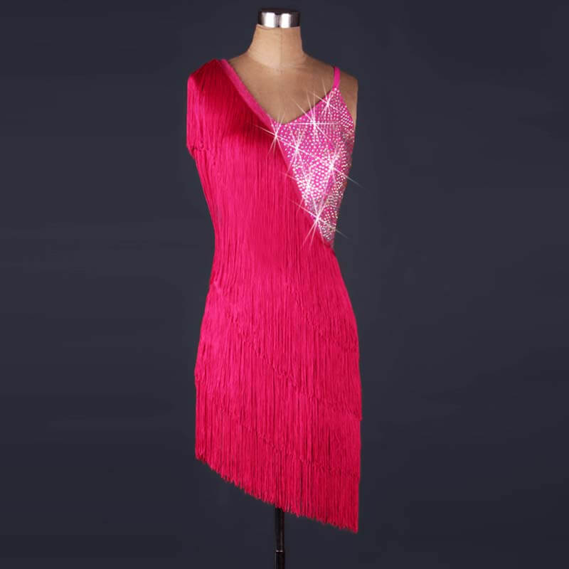 Sleeveless Knee-Length Latin Dress with Tassels-Rose Red