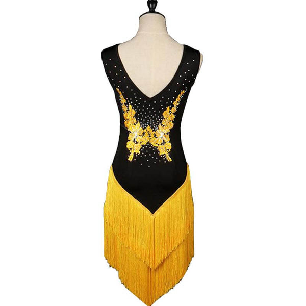 Sleeveless Latin Dance Dress With Tassels-Yellow