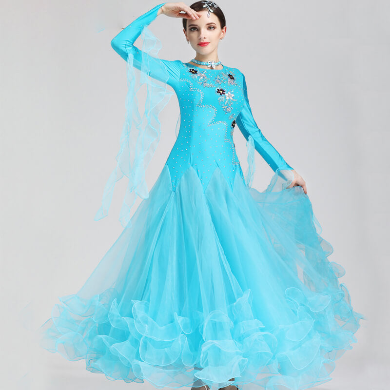 Womens A-Line Long Jewelled Long Sleeve Ballroom Dress with Mesh – DANCEYM