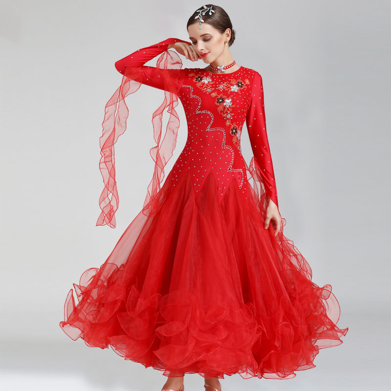 Womens A-Line Long Jewelled Long Sleeve Ballroom Dress with Mesh DANCEYM Womens A-Line Long Jewelled Long Sleeve Ballroom Dress with Mesh DANCEYM